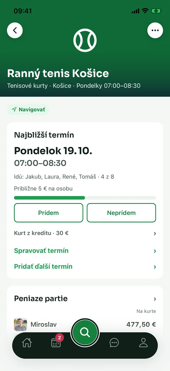 Detail partie s najbližším termínom, účasťou a pokladňou