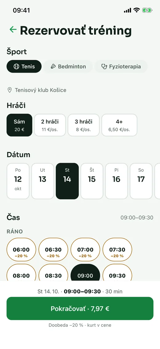 Rezervácia tréningu: výber športu, počtu hráčov, dňa a času