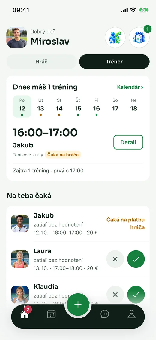 Prehľad trénera s dnešným tréningom a žiadosťami hráčov